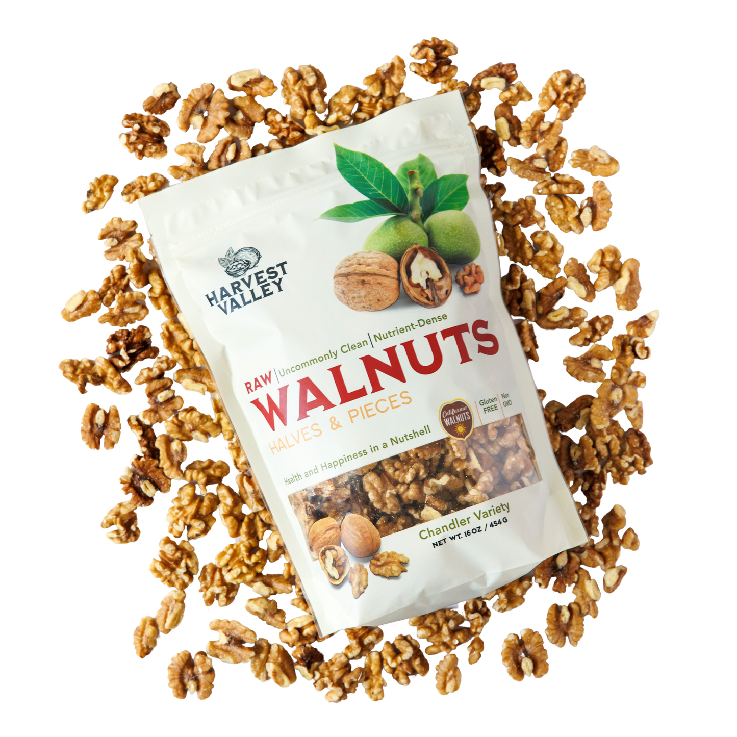 One pound bag of fresh Chandler walnuts displayed on shelled walnuts from Harvest Valley.