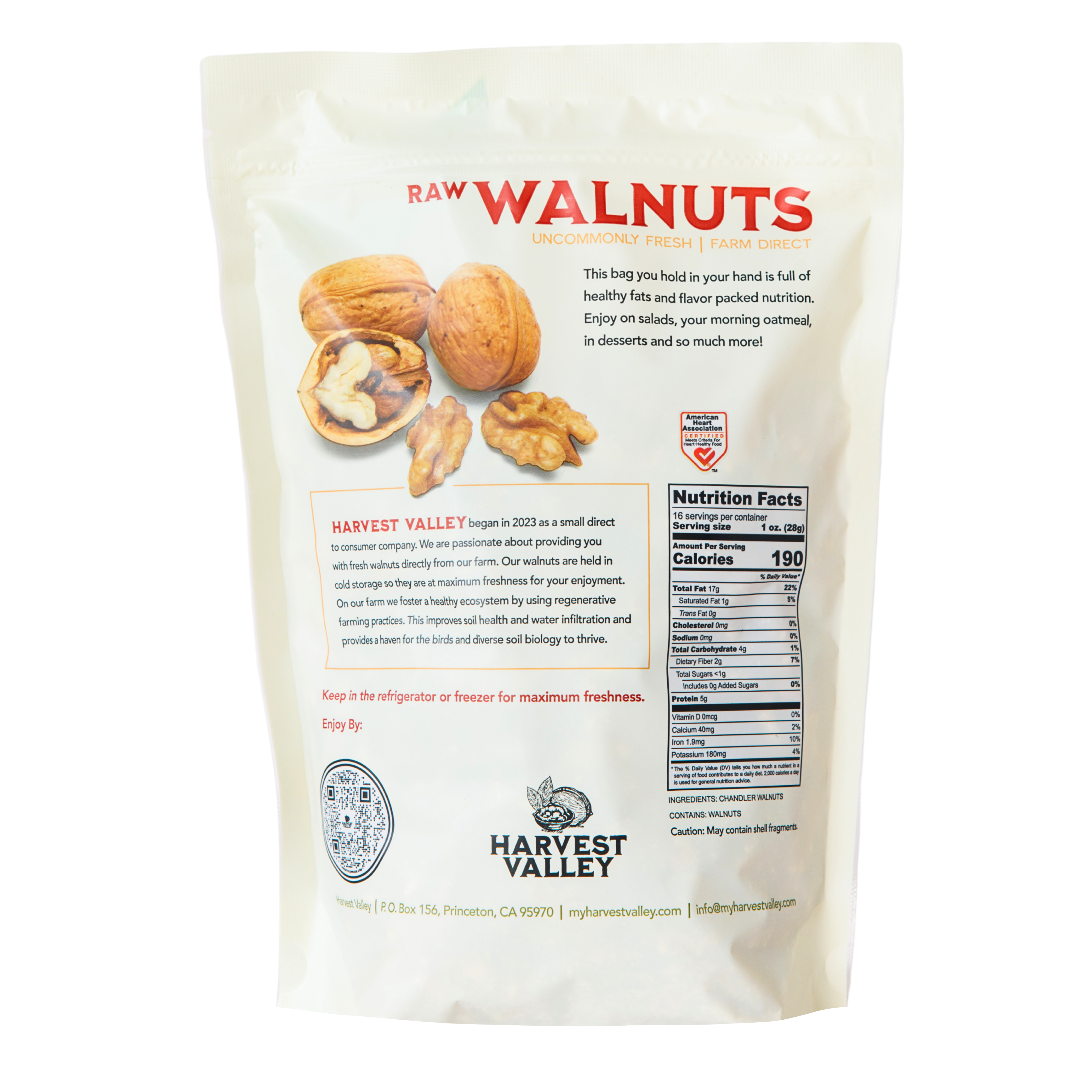 Back of the one pound Chandler walnut bag with the nutrition facts label