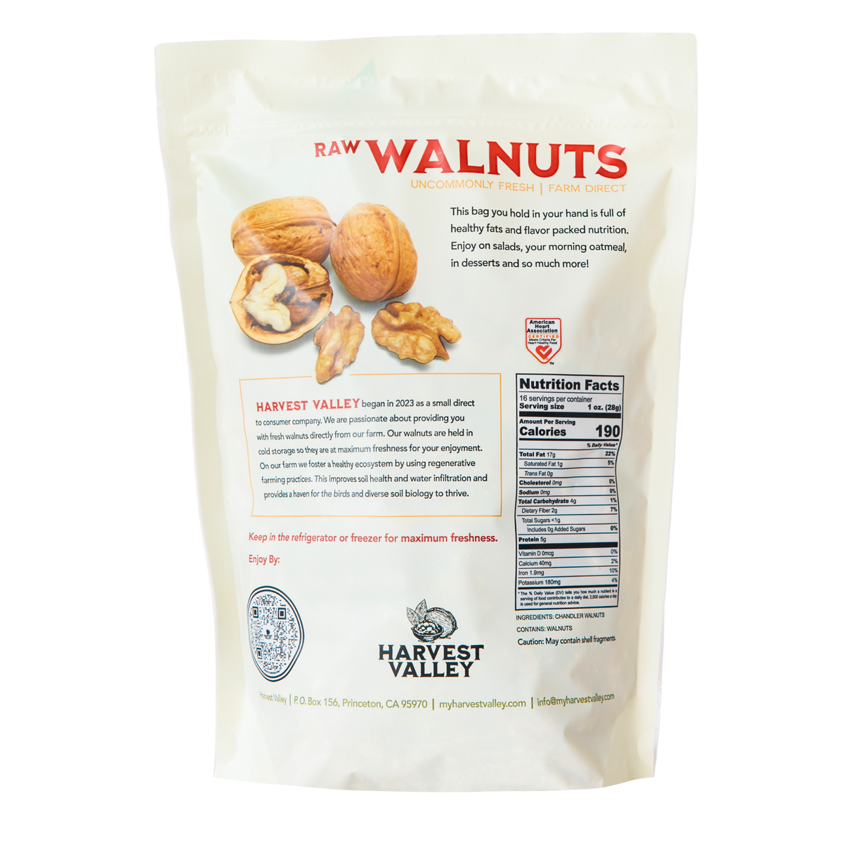 Back of the one pound Chandler walnut bag with the nutrition facts label