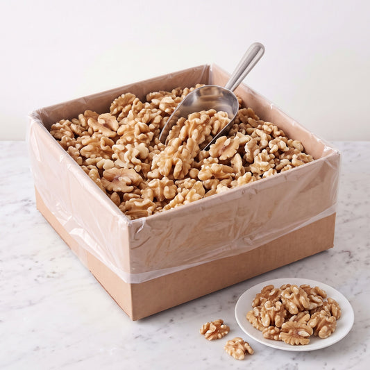 Raw Chandler walnut halves, 12 pound bulk box, with a scoop and a plate of walnuts