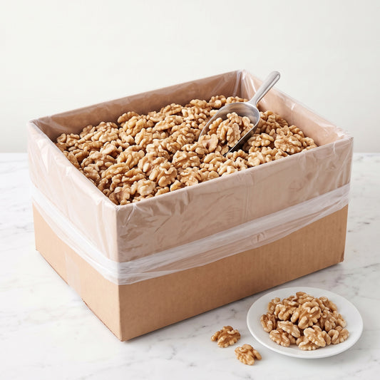 Raw Chandler walnut halves, 25 pound bulk box, with a scoop and a plate of walnuts