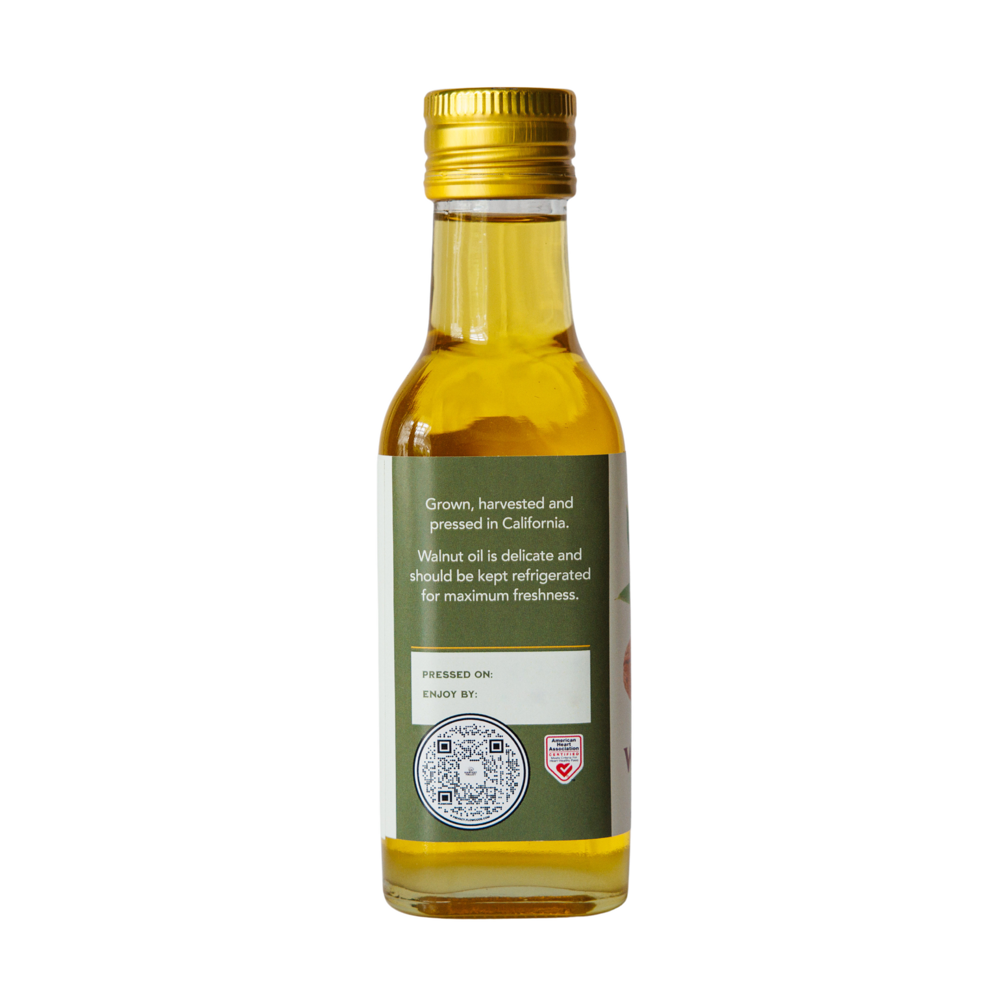 Side of walnut oil bottle with information from Harvest Valley.