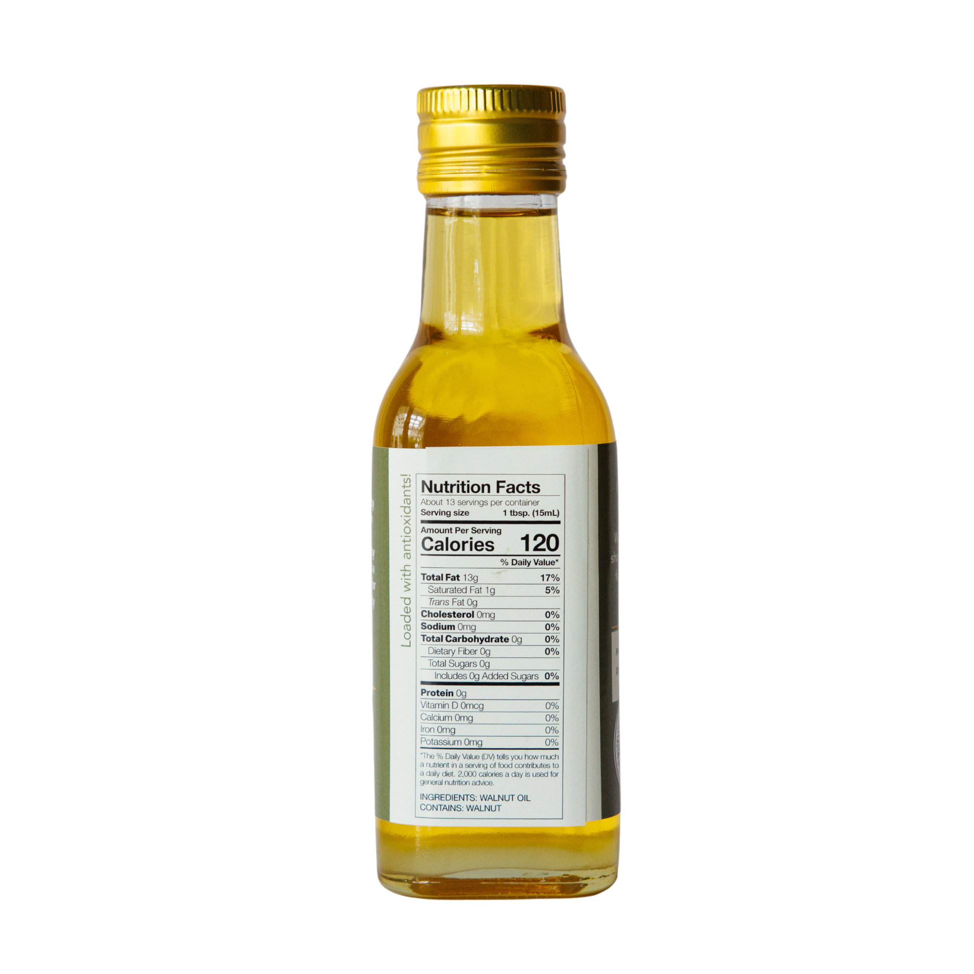 Nutrition facts on back of walnut oil bottle from Harvest Valley.