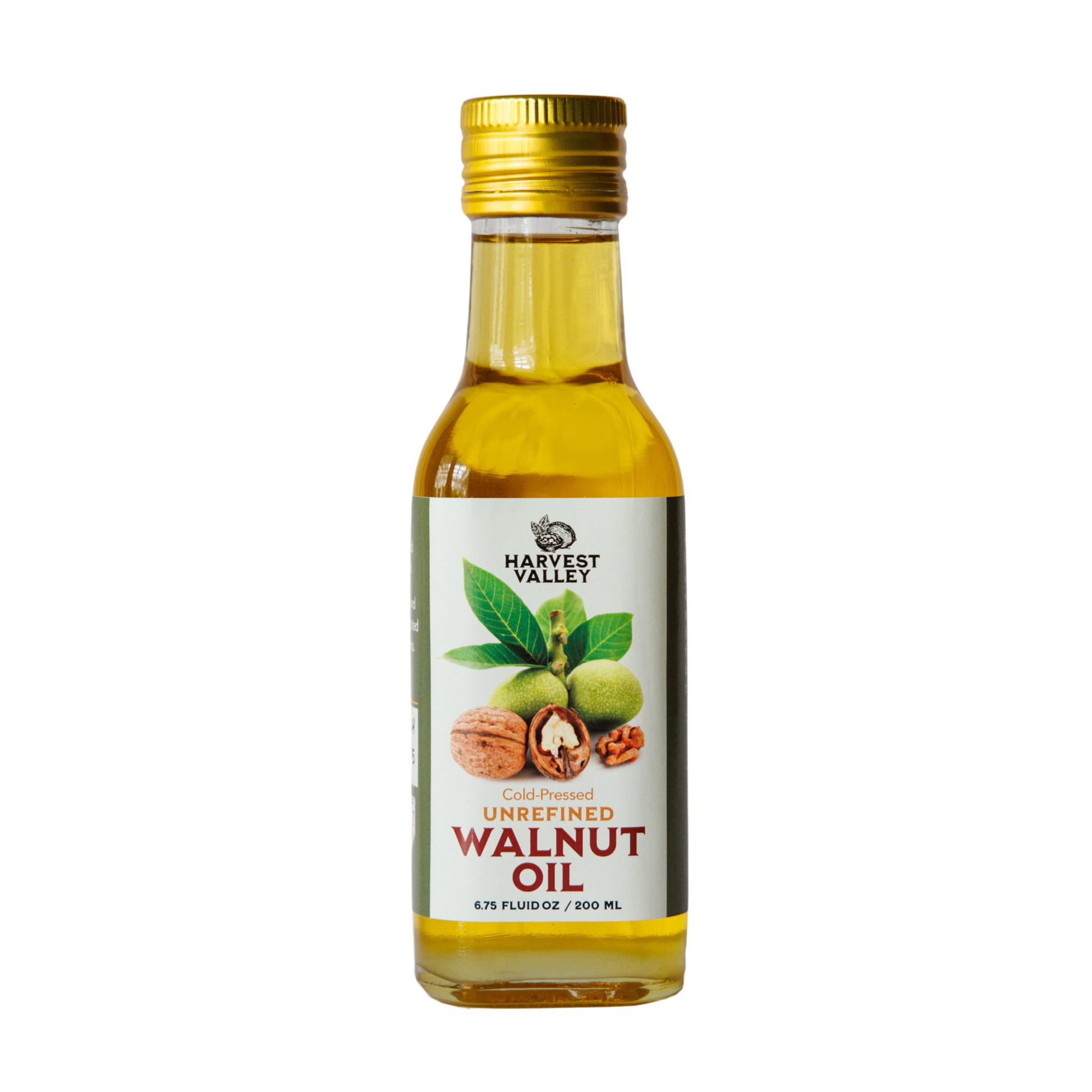 Front of walnut oil bottle from Harvest Valley.